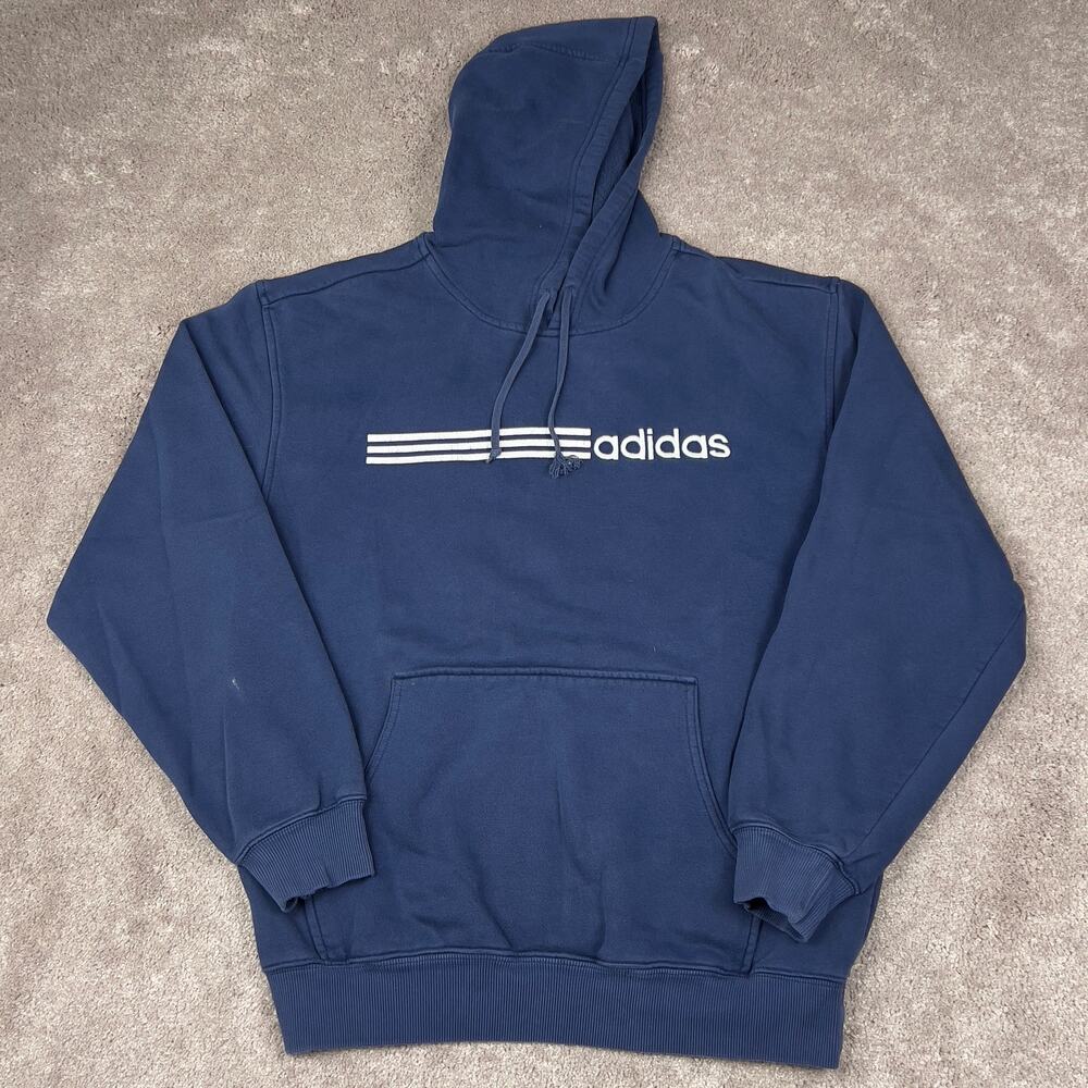 Adidas Linear Logo Pullover Hoodie Size M Navy Blue Three Stripe Sweatshirt